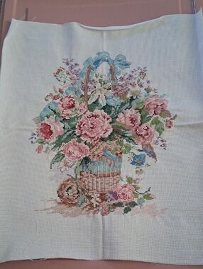 Hand-Embroidered Floral Basket Cross Stitch - Pink Bouquet